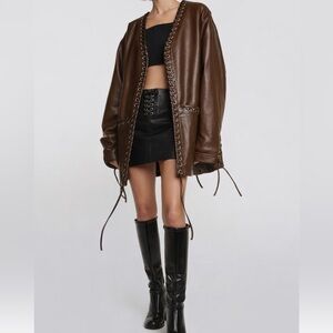 Brown Lace-Up Trim Leather Jacket oversize Rotate Birger Christensen y2k coat